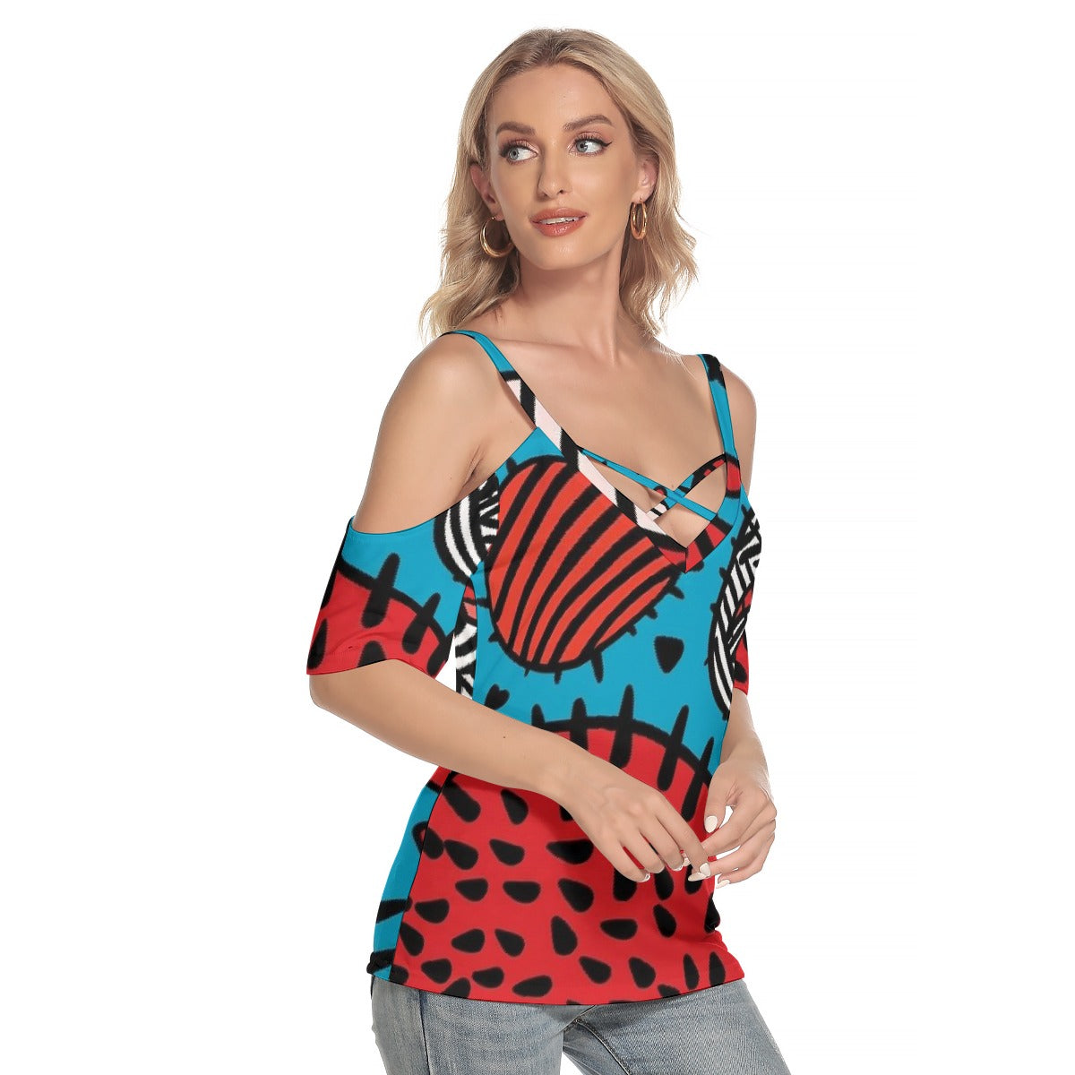 All-Over Print Women's Cold Shoulder T-shirt With Criss Cross Strips