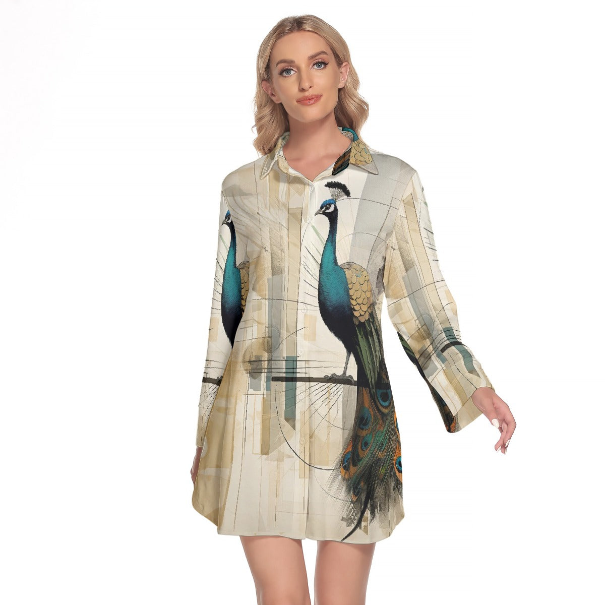 All-Over Print Women's Lapel Shirt Dress With Long Sleeve