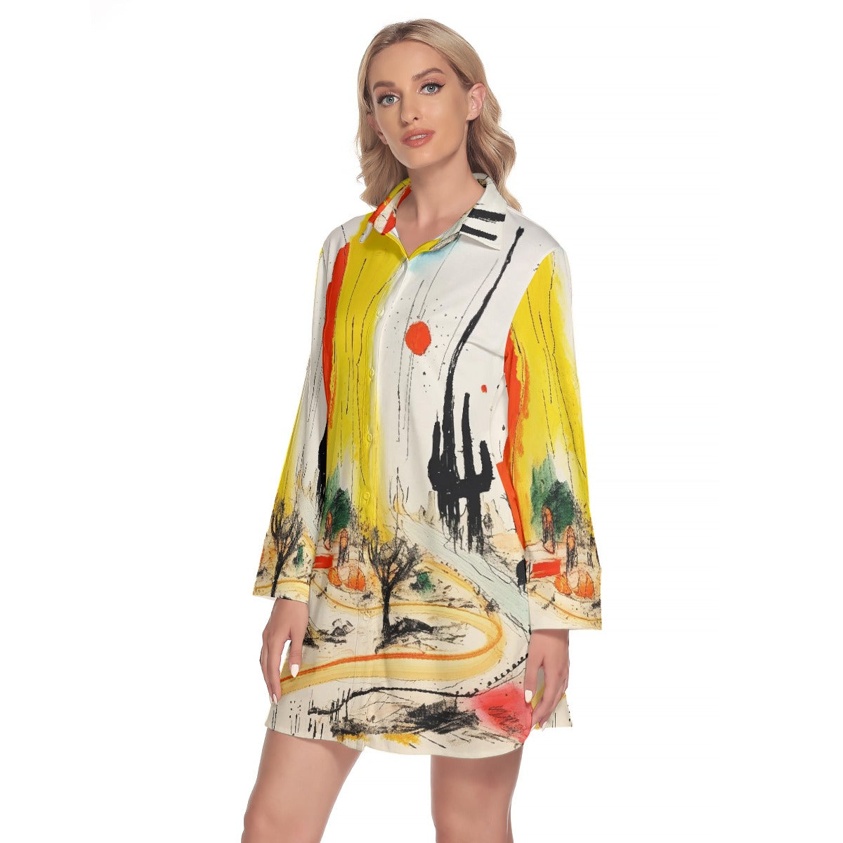 All-Over Print Women's Lapel Shirt Dress With Long Sleeve