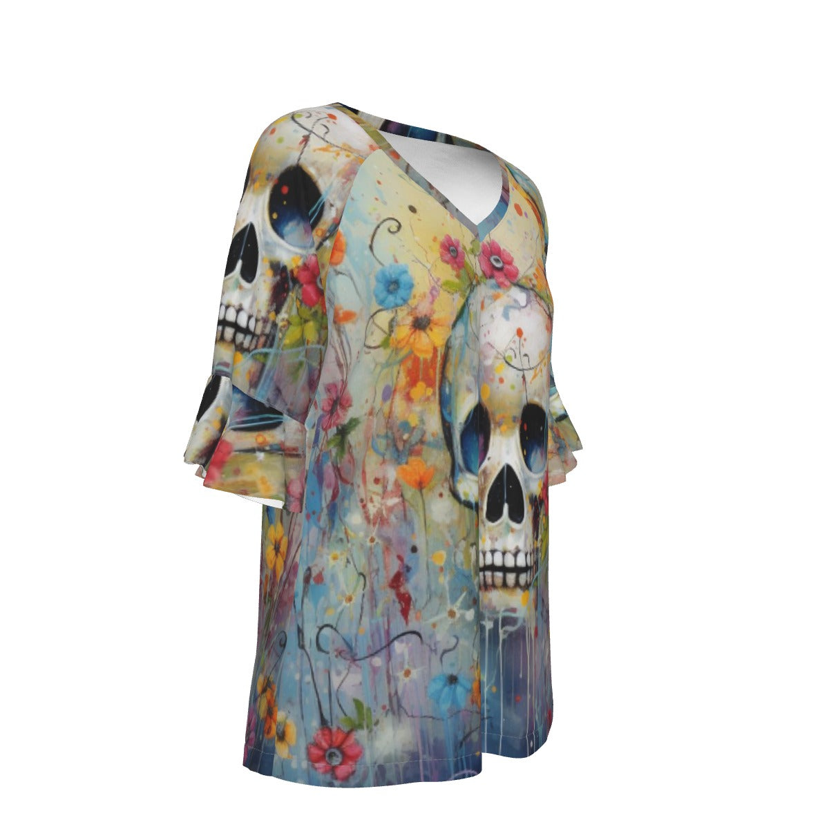 All-Over Print V-neck Women's T-shirt With Bell Sleeve