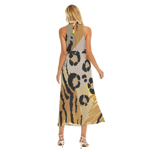 All-Over Print Women's Wrap Hem Belted Halter Dress