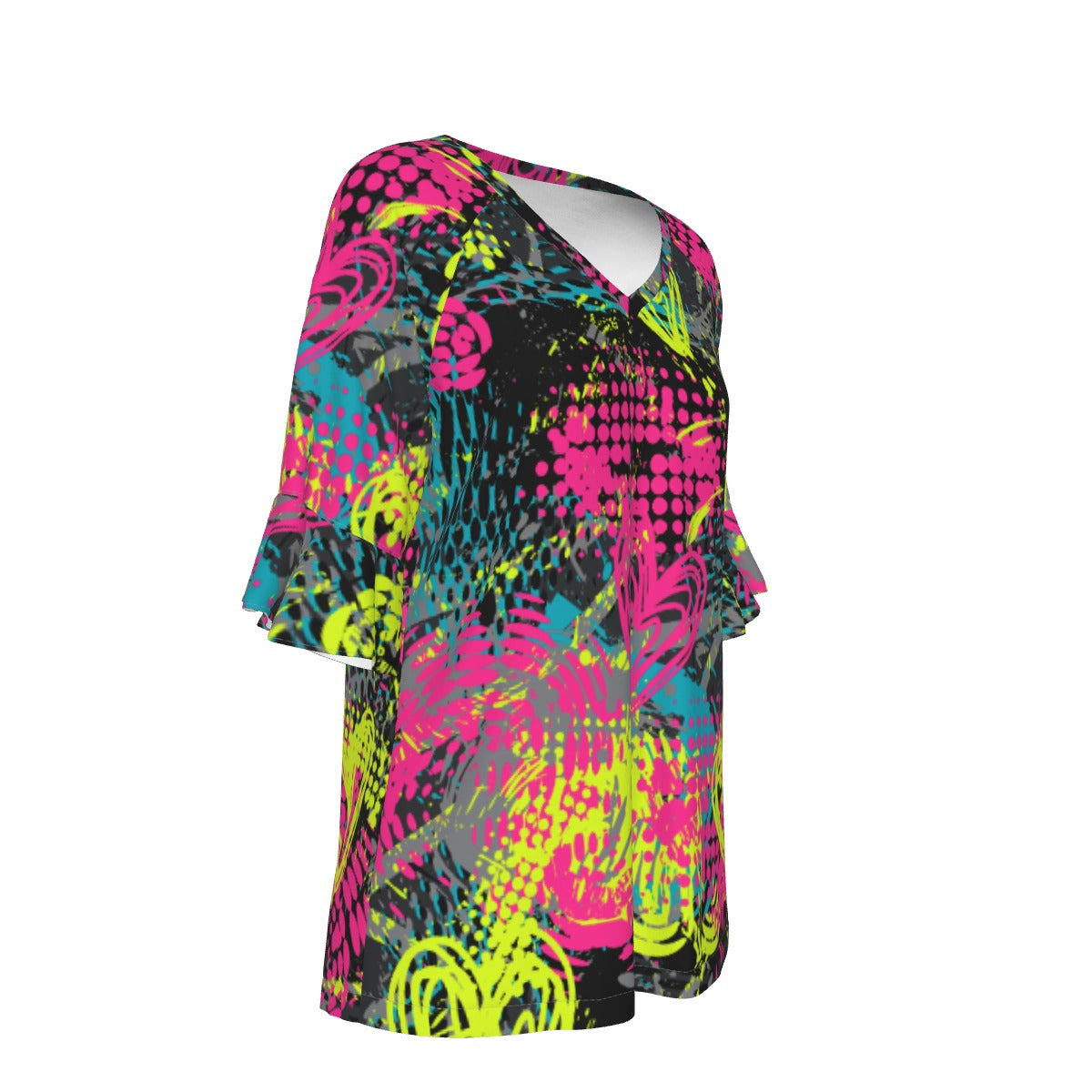 All-Over Print V-neck Women's T-shirt With Bell Sleeve