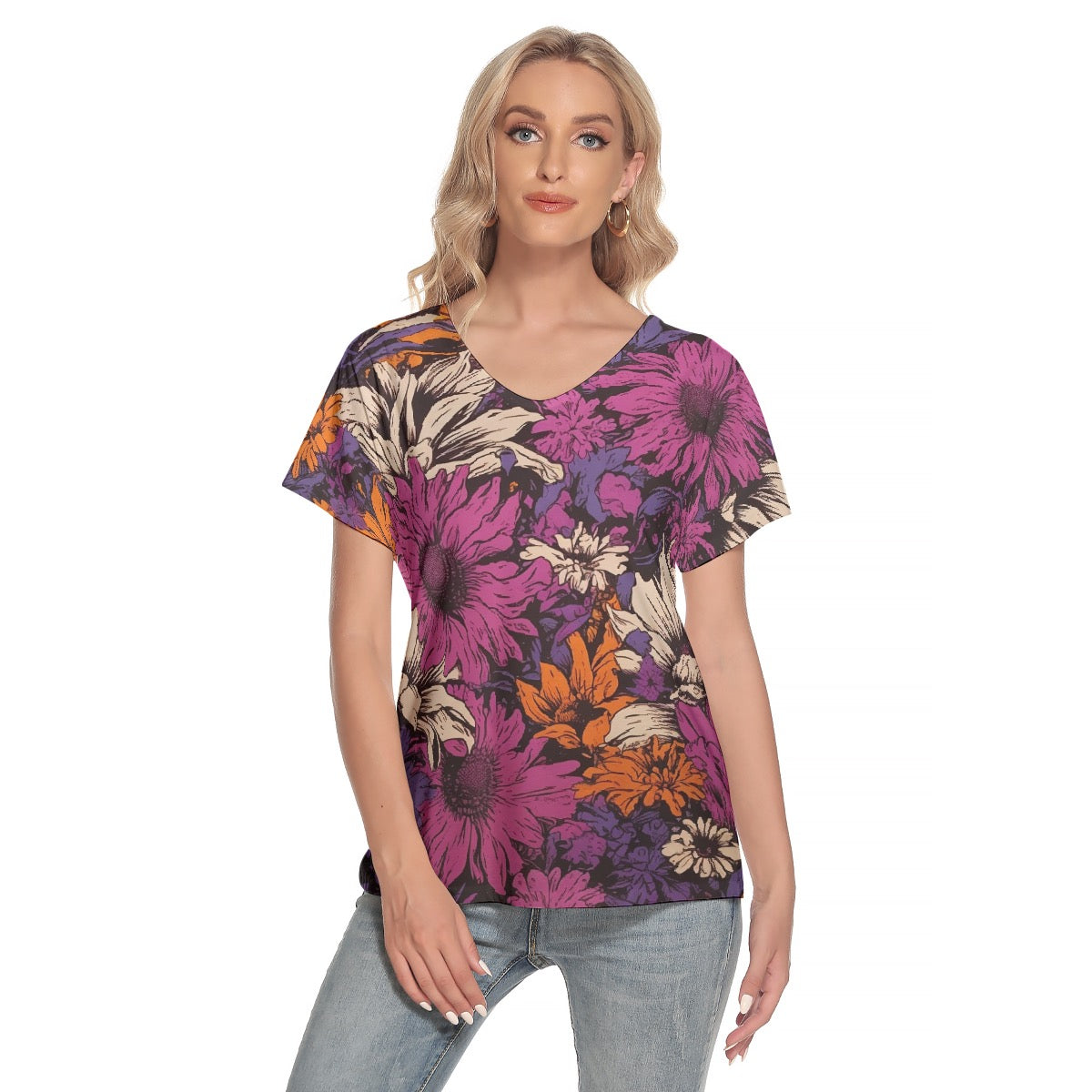 All-Over Print Women's Loose V-neck Short Sleeve T-shirt