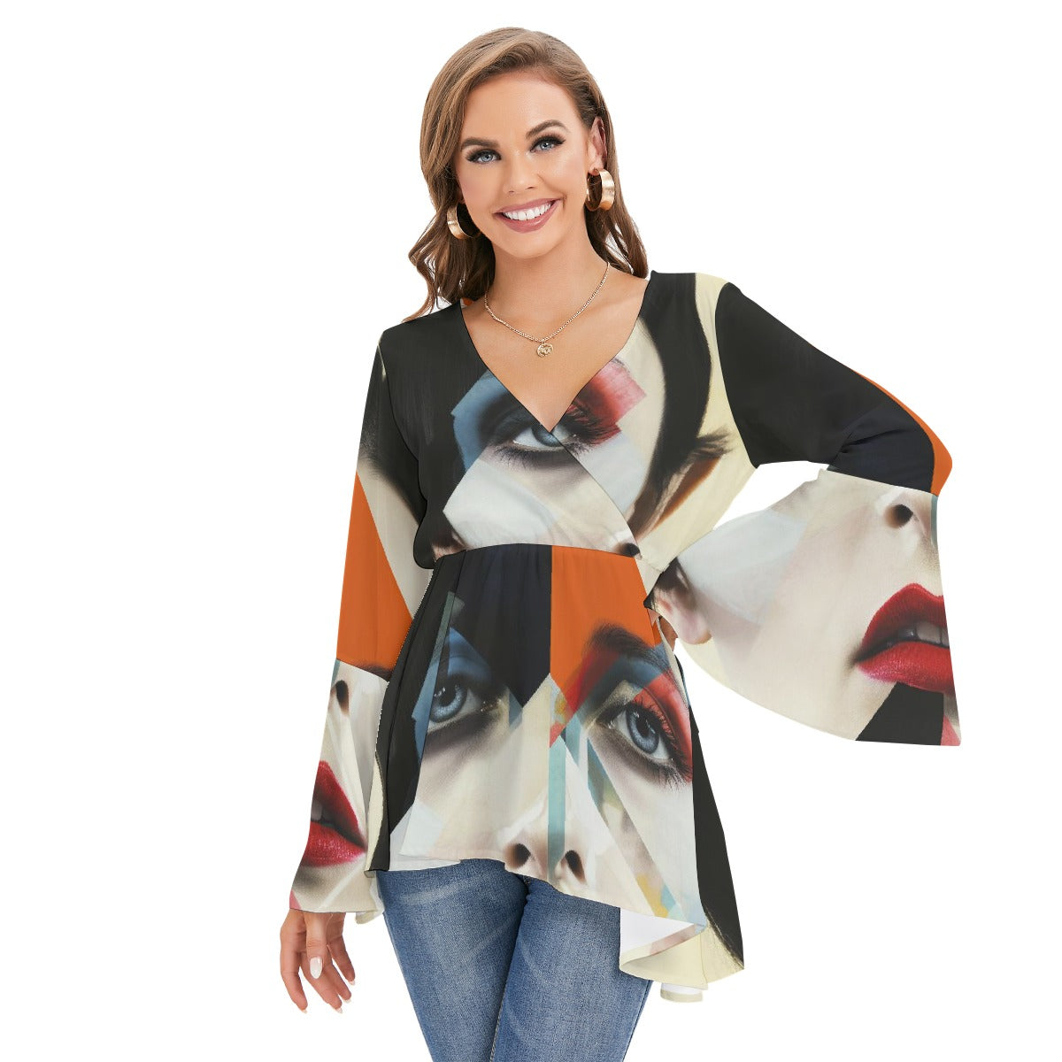 All-Over Print Women's V-neck Blouse With Flared Sleeves