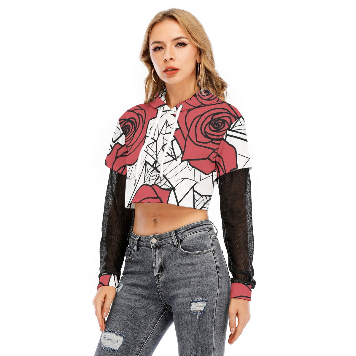 All-Over Print Women's Fake Two-piece Mesh Sleeve Cropped Hoodie