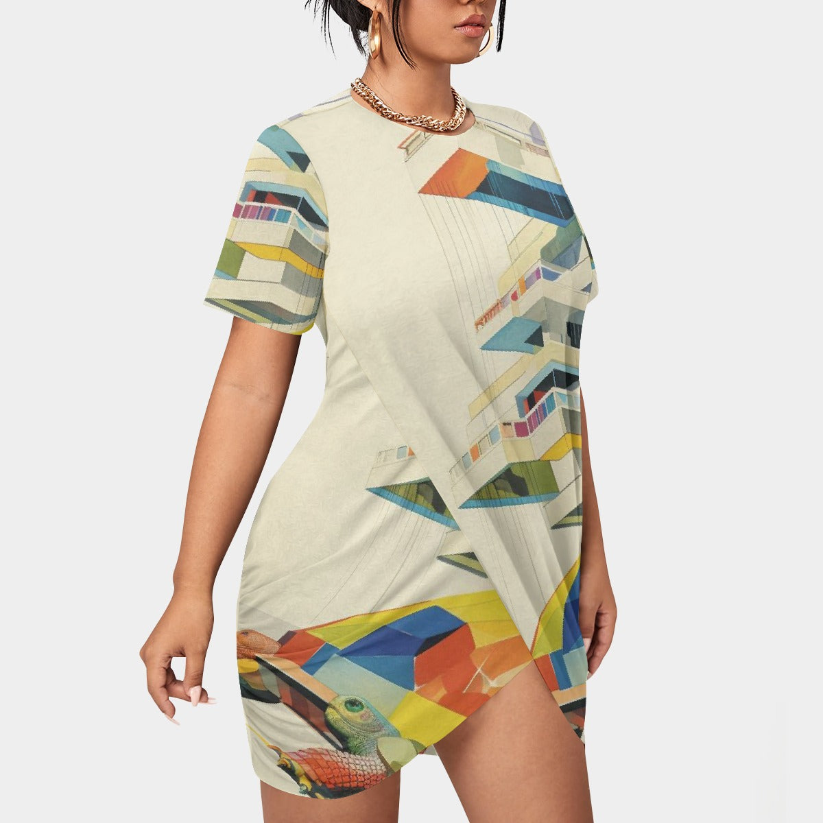 All-Over Print Women’s Stacked Hem Dress With Short Sleeve（Plus Size）