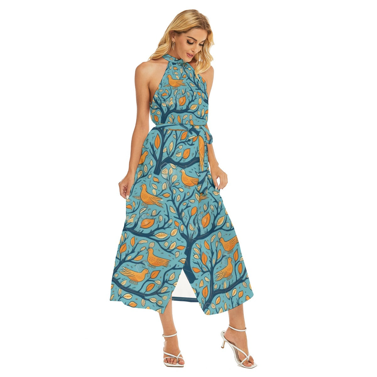 All-Over Print Women's Wrap Hem Belted Halter Dress