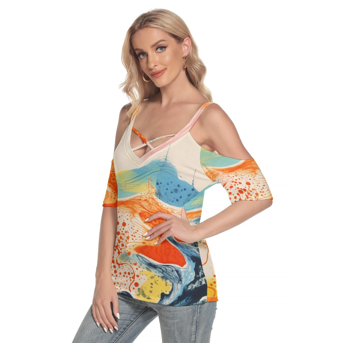 All-Over Print Women's Cold Shoulder T-shirt With Criss Cross Strips