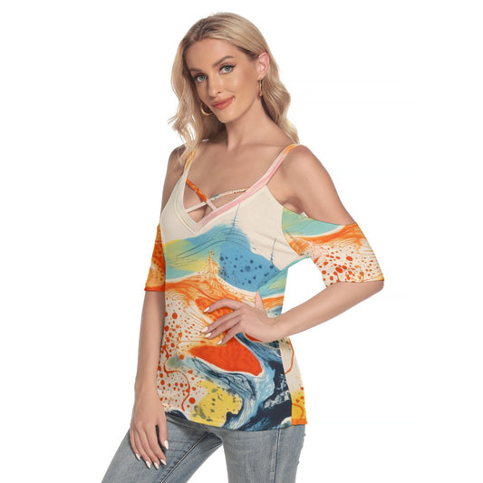 All-Over Print Women's Cold Shoulder T-shirt With Criss Cross Strips