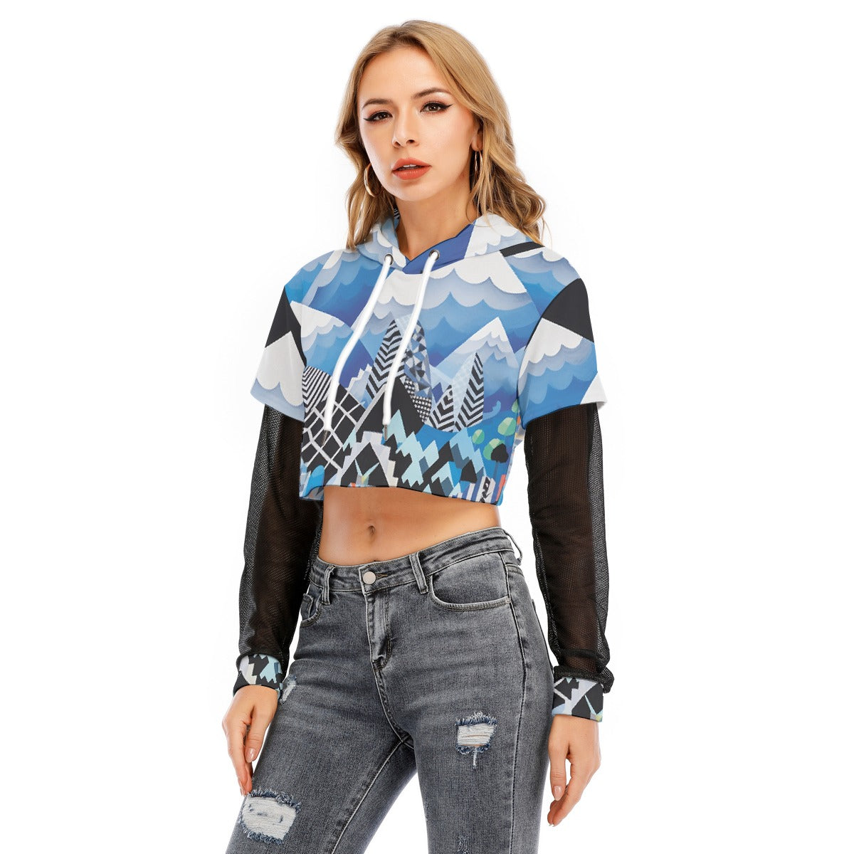 All-Over Print Women's Fake Two-piece Mesh Sleeve Cropped Hoodie