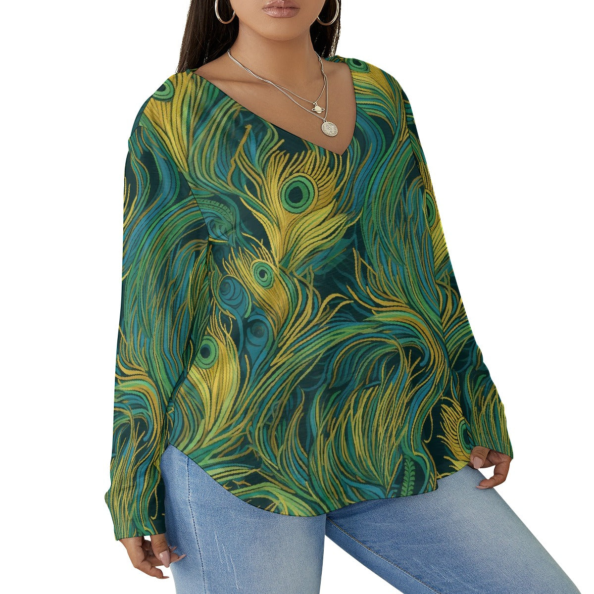 All-Over Print Women's V-neck T-shirt With Curved Hem(Plus Size)