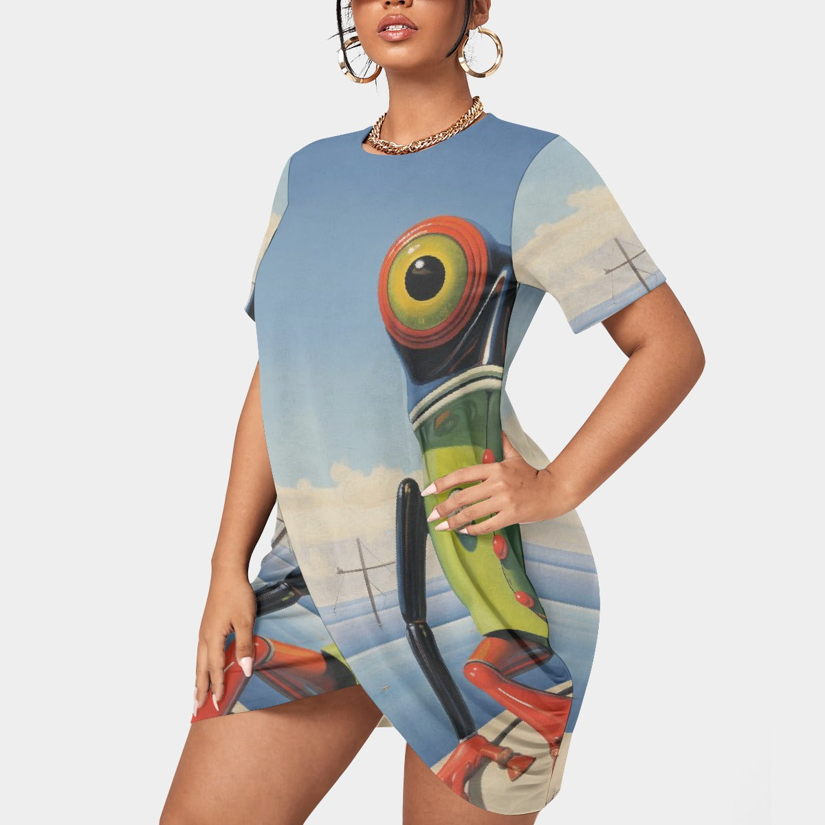 All-Over Print Women’s Stacked Hem Dress With Short Sleeve（Plus Size）