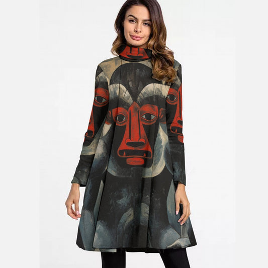 All-Over Print Women's High Neck Dress With Long Sleeve