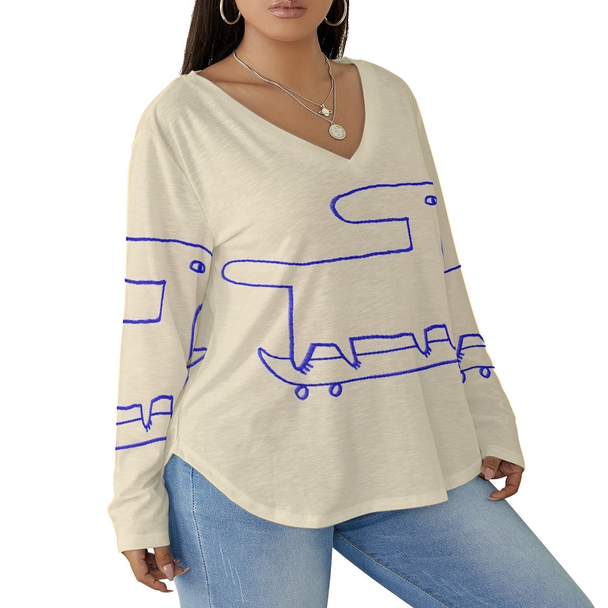 All-Over Print Women's V-neck T-shirt With Curved Hem(Plus Size)