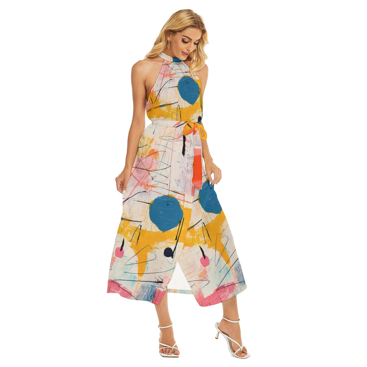 All-Over Print Women's Wrap Hem Belted Halter Dress