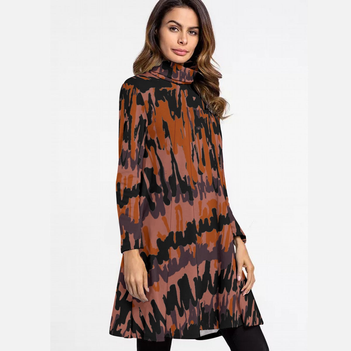 All-Over Print Women's High Neck Dress With Long Sleeve