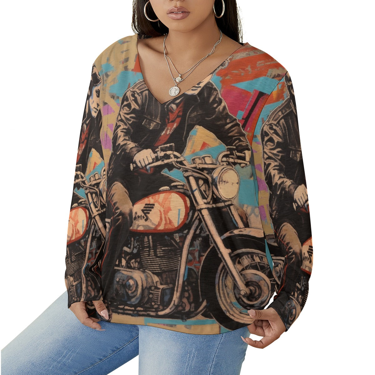 All-Over Print Women's V-neck T-shirt With Curved Hem(Plus Size)