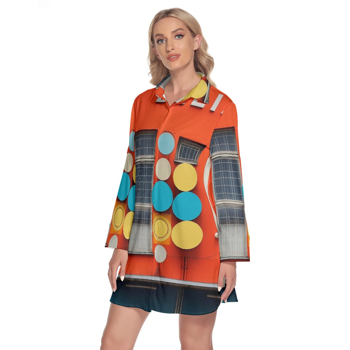 All-Over Print Women's Lapel Shirt Dress With Long Sleeve