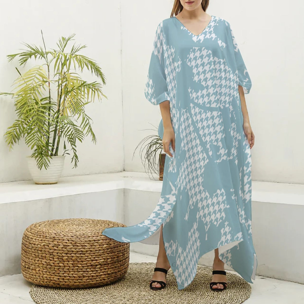 All-Over Print Women's Imitation Silk V-neck Kaftan Robe