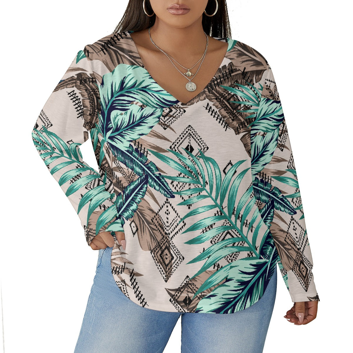 All-Over Print Women's V-neck T-shirt With Curved Hem(Plus Size)