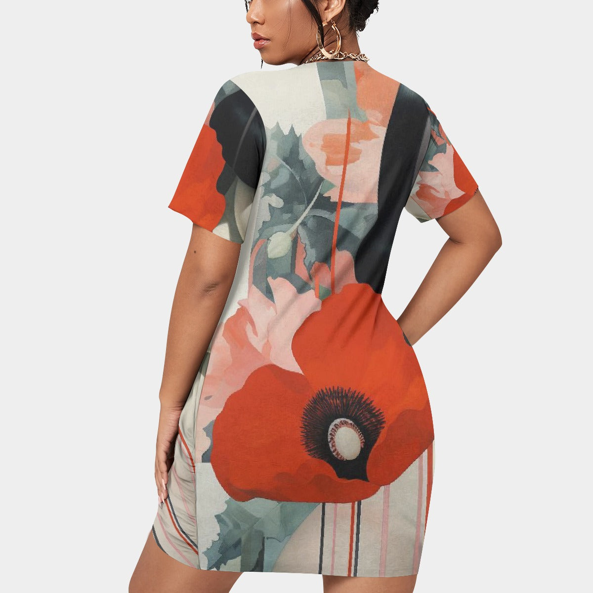 All-Over Print Women’s Stacked Hem Dress With Short Sleeve（Plus Size）