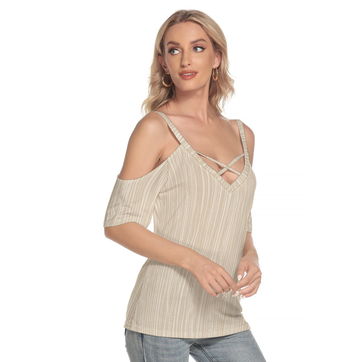 All-Over Print Women's Cold Shoulder T-shirt With Criss Cross Strips