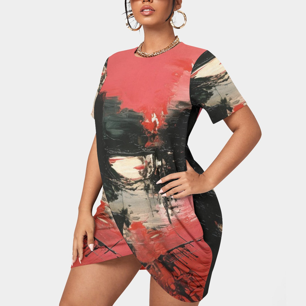 All-Over Print Women’s Stacked Hem Dress With Short Sleeve（Plus Size）