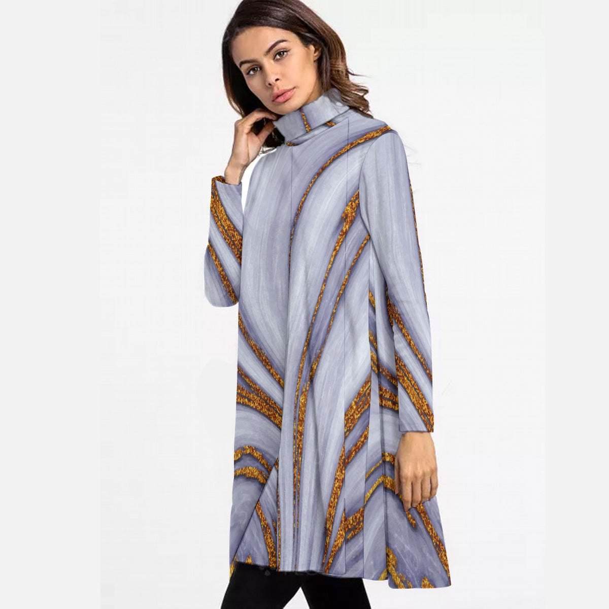 All-Over Print Women's High Neck Dress With Long Sleeve