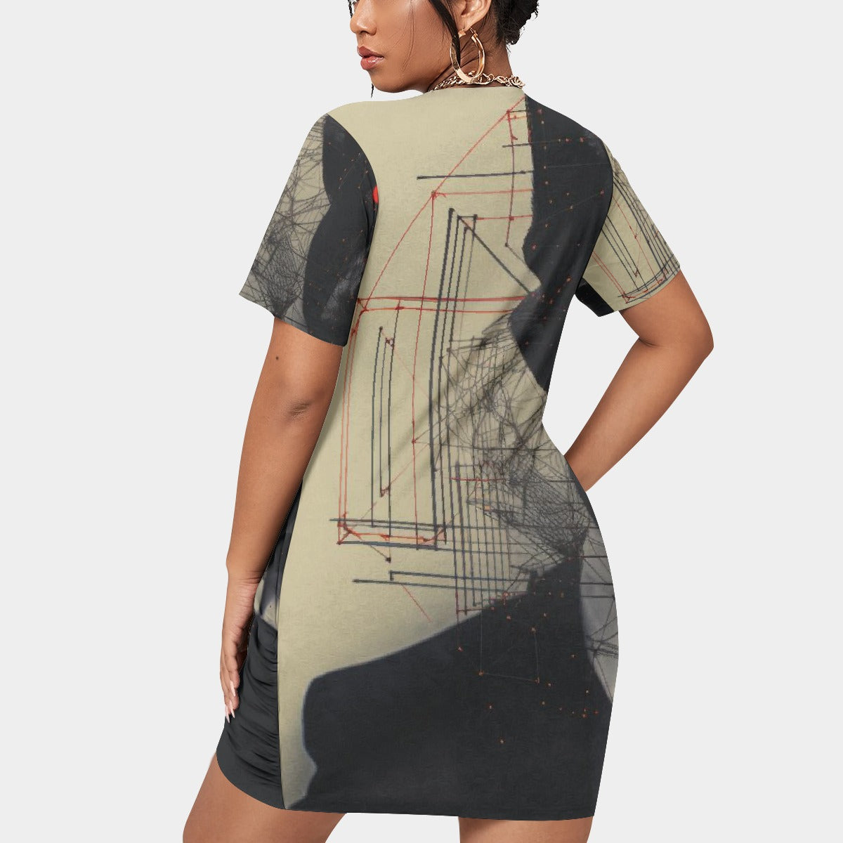 All-Over Print Women’s Stacked Hem Dress With Short Sleeve（Plus Size）