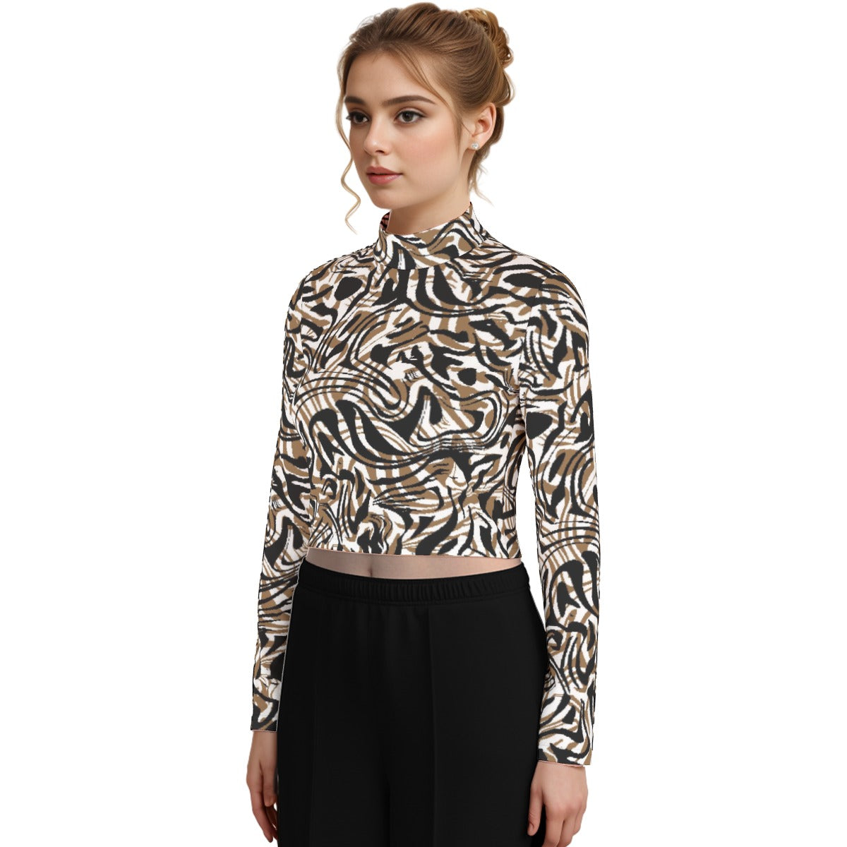 Eco-Friendly All-Over Print Women's Turtleneck T-shirt With Long Sleeve