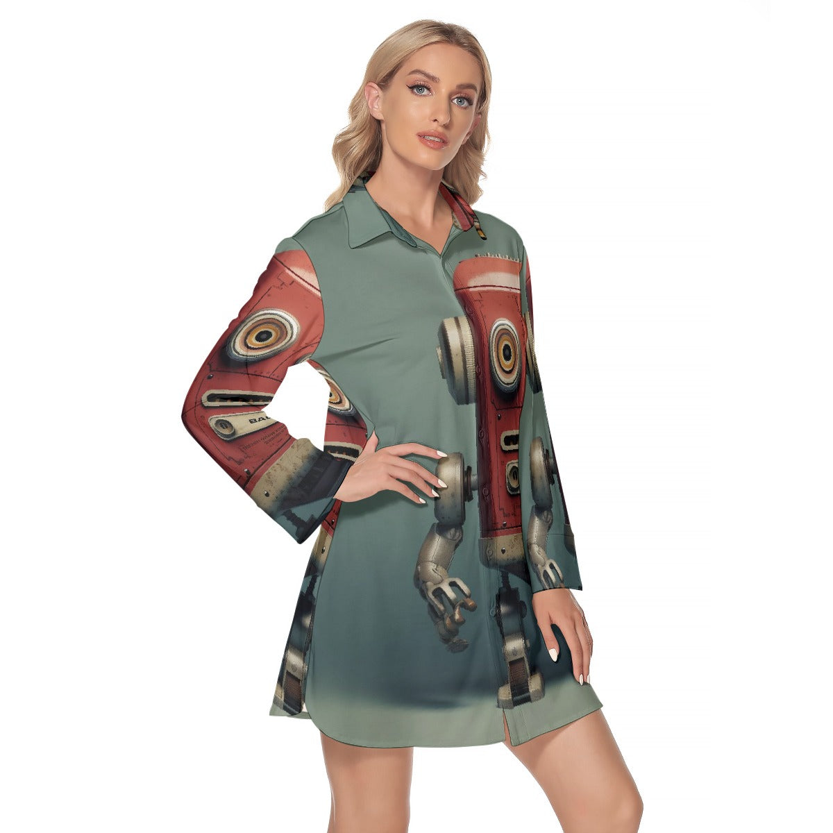 All-Over Print Women's Lapel Shirt Dress With Long Sleeve