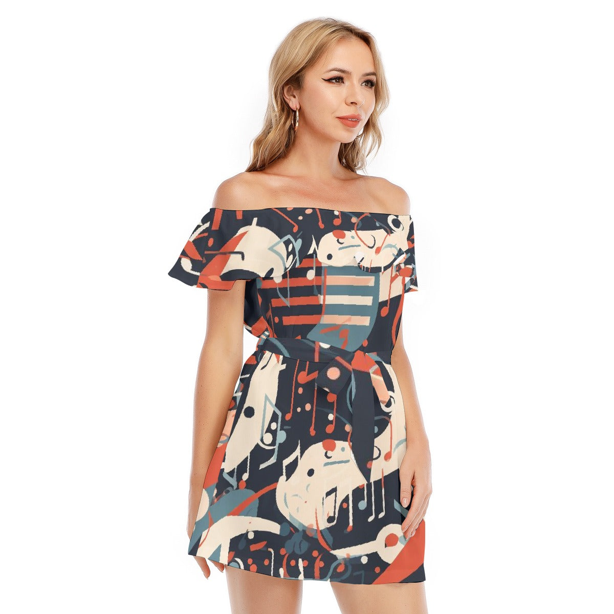 All-Over Print Women's Off-shoulder Dress With Ruffle