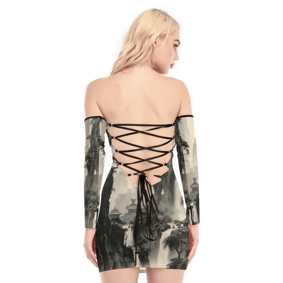 All-Over Print Women's Off-shoulder Back Lace-up Dress