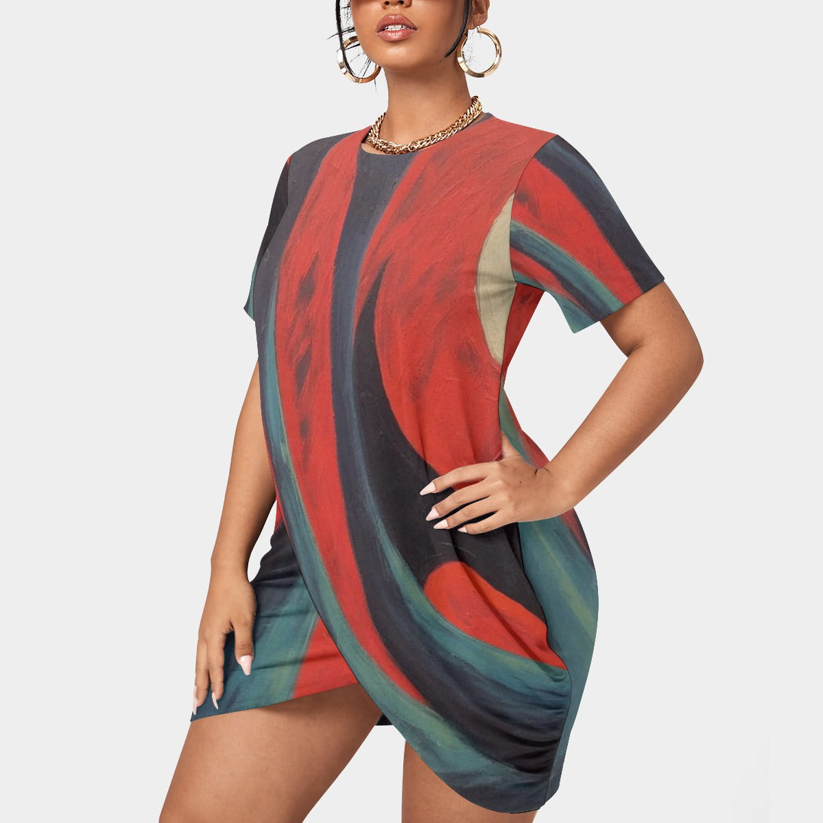 All-Over Print Women’s Stacked Hem Dress With Short Sleeve（Plus Size）