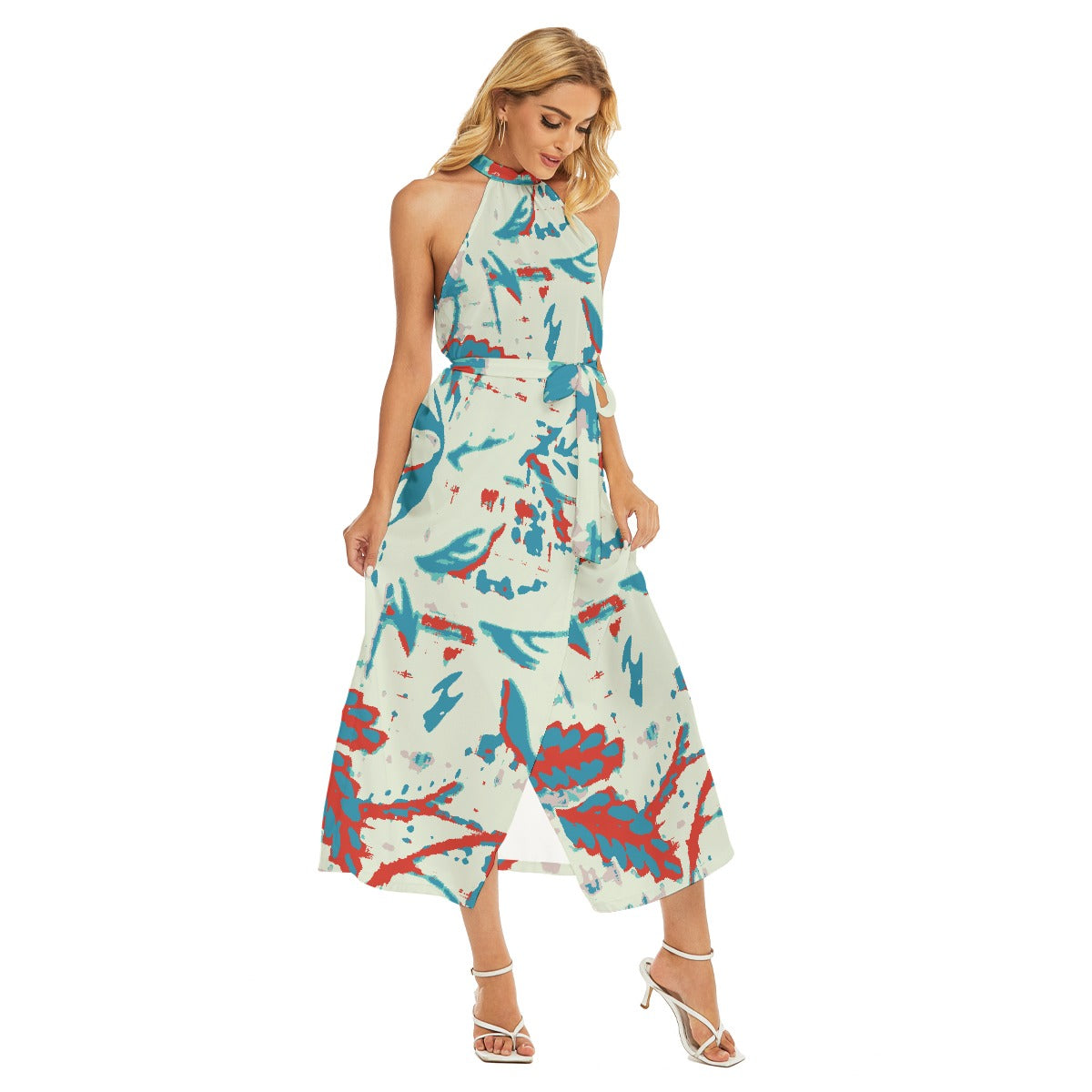 All-Over Print Women's Wrap Hem Belted Halter Dress