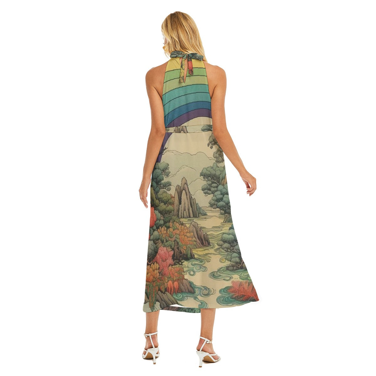 All-Over Print Women's Wrap Hem Belted Halter Dress