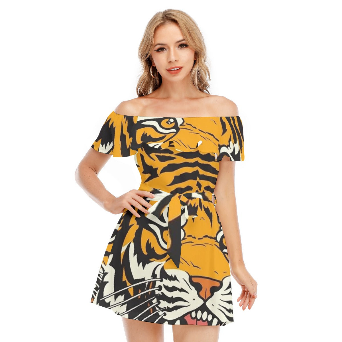 All-Over Print Women's Off-shoulder Dress With Ruffle