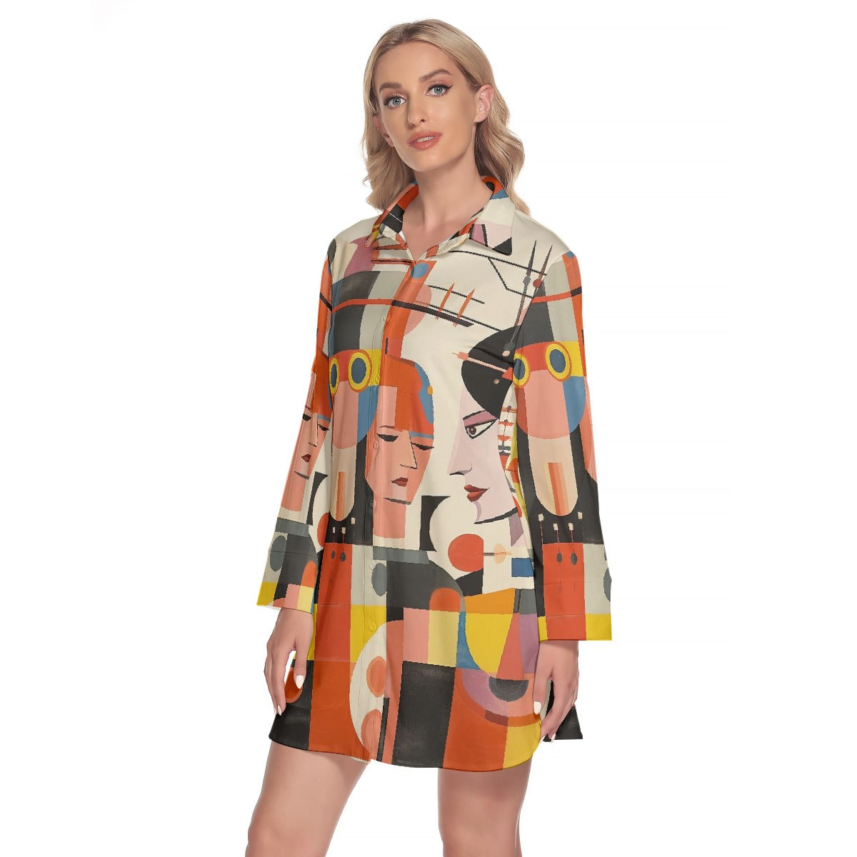 All-Over Print Women's Lapel Shirt Dress With Long Sleeve