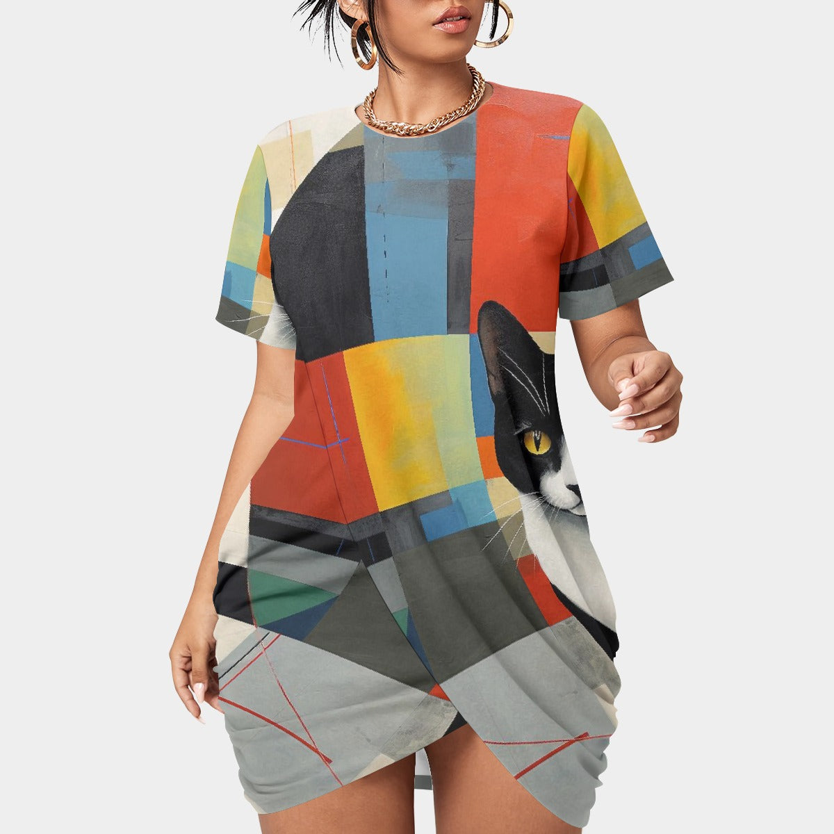 All-Over Print Women’s Stacked Hem Dress With Short Sleeve（Plus Size）