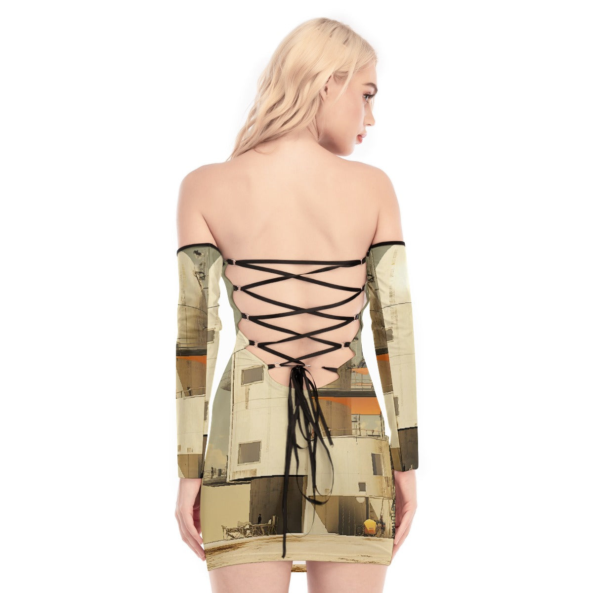 All-Over Print Women's Off-shoulder Back Lace-up Dress