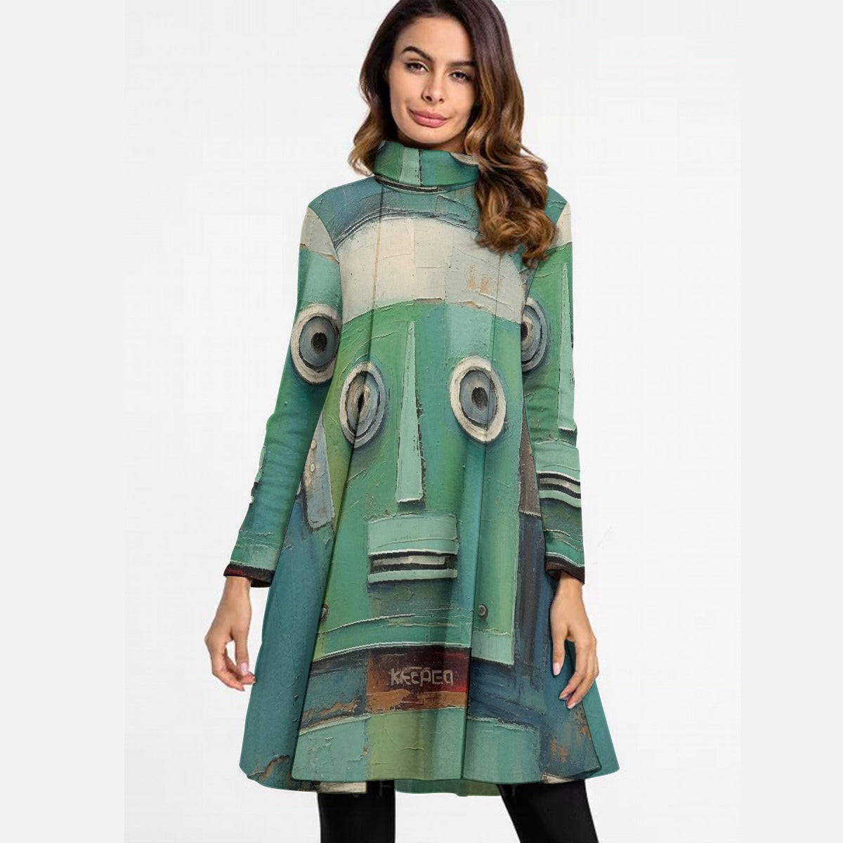 All-Over Print Women's High Neck Dress With Long Sleeve