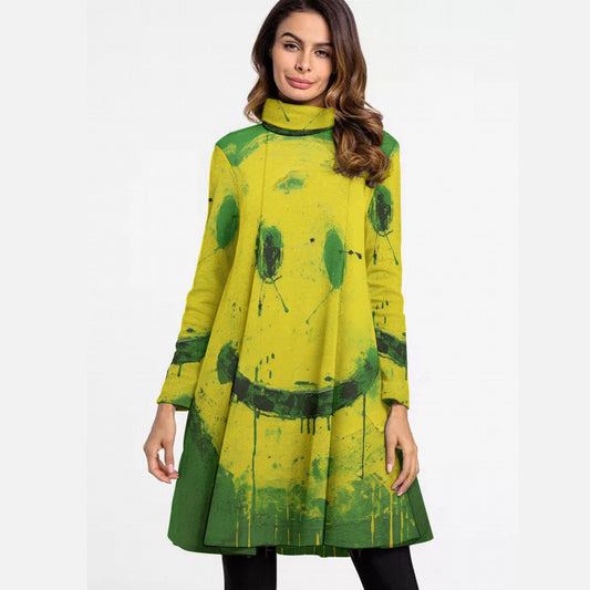 All-Over Print Women's High Neck Dress With Long Sleeve