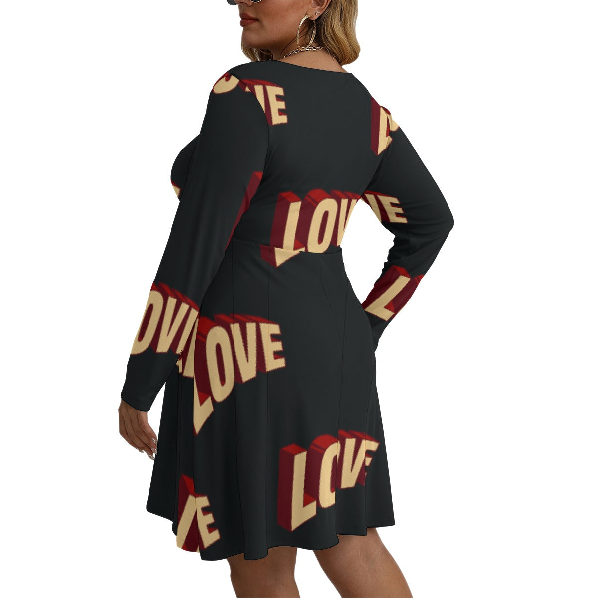 All-Over Print Women's V-neck Long Sleeve Dress(Plus Size)