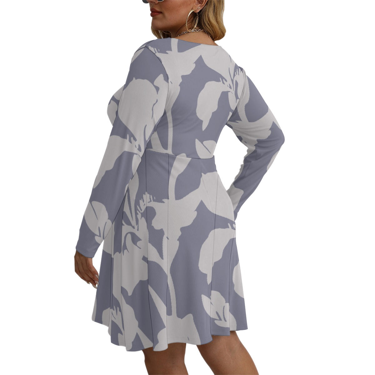 All-Over Print Women's V-neck Long Sleeve Dress(Plus Size)