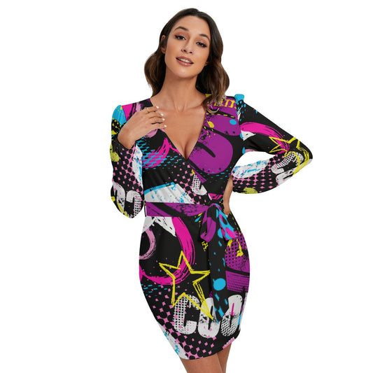 All-Over Print Women's Long Sleeve Dress With Waist Belt