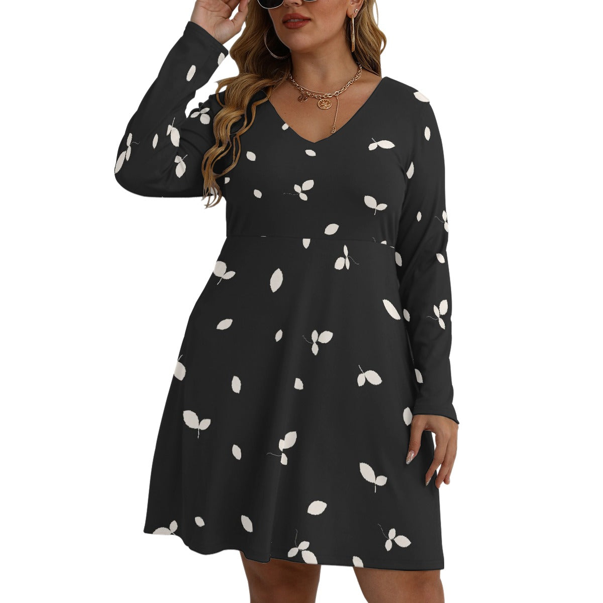 All-Over Print Women's V-neck Long Sleeve Dress(Plus Size)