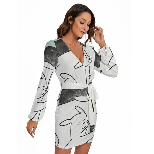 All-Over Print Women's Long Sleeve Dress With Waist Belt