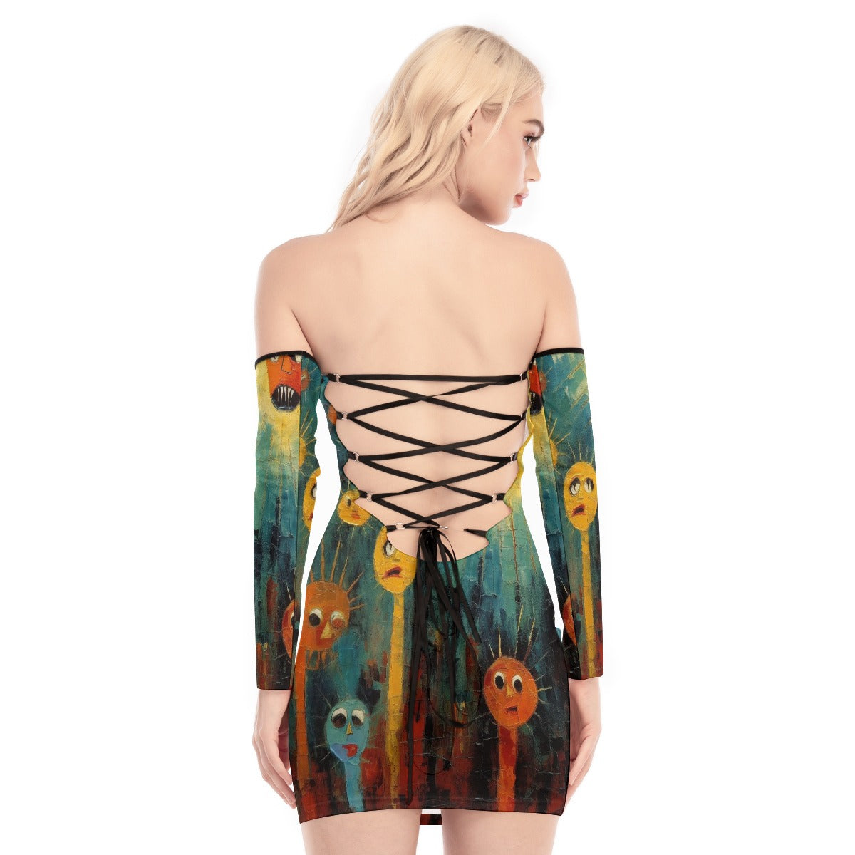 All-Over Print Women's Off-shoulder Back Lace-up Dress