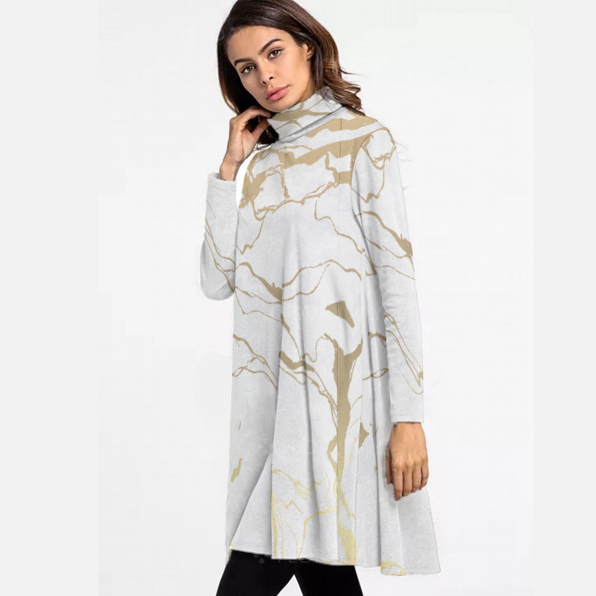 All-Over Print Women's High Neck Dress With Long Sleeve