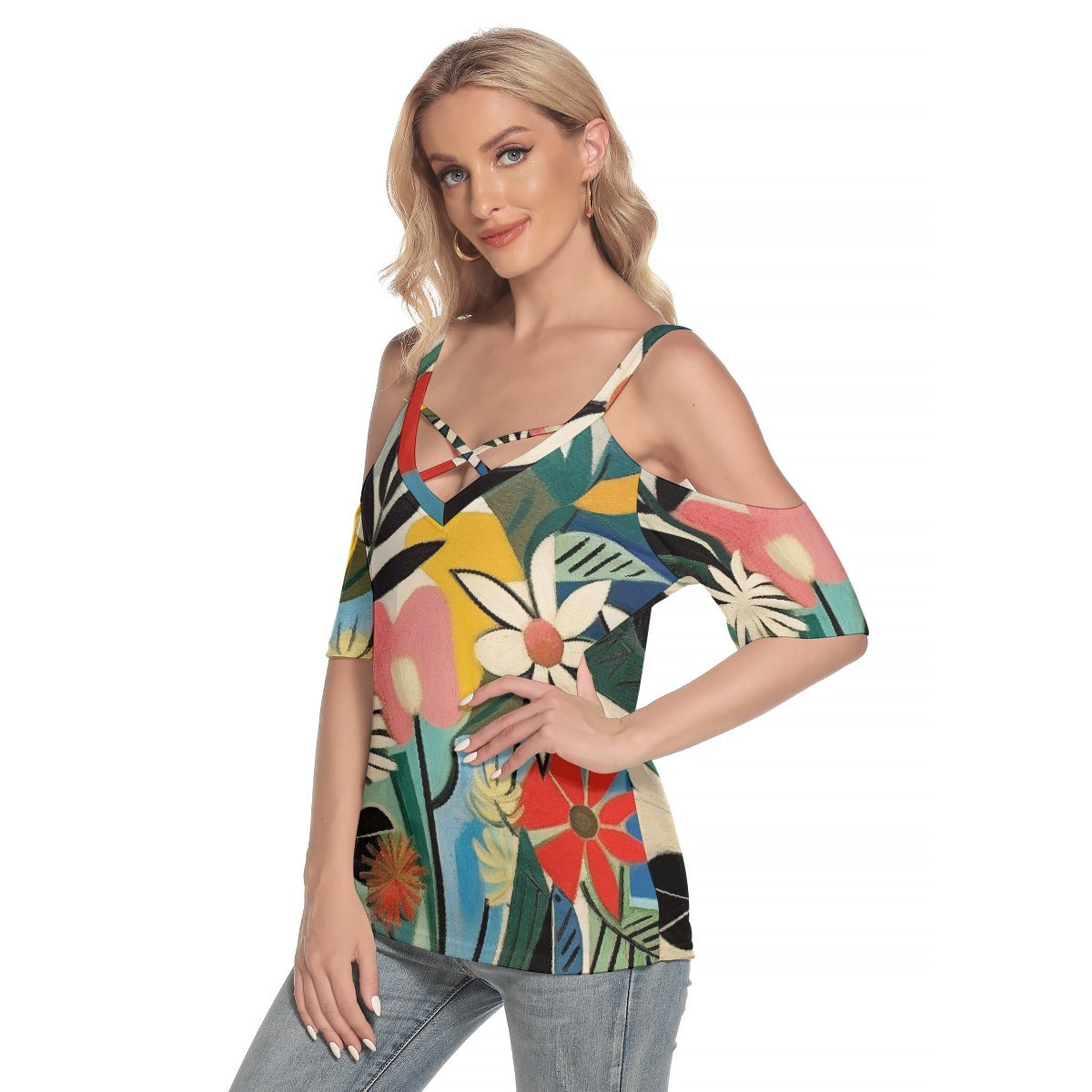 All-Over Print Women's Cold Shoulder T-shirt With Criss Cross Strips